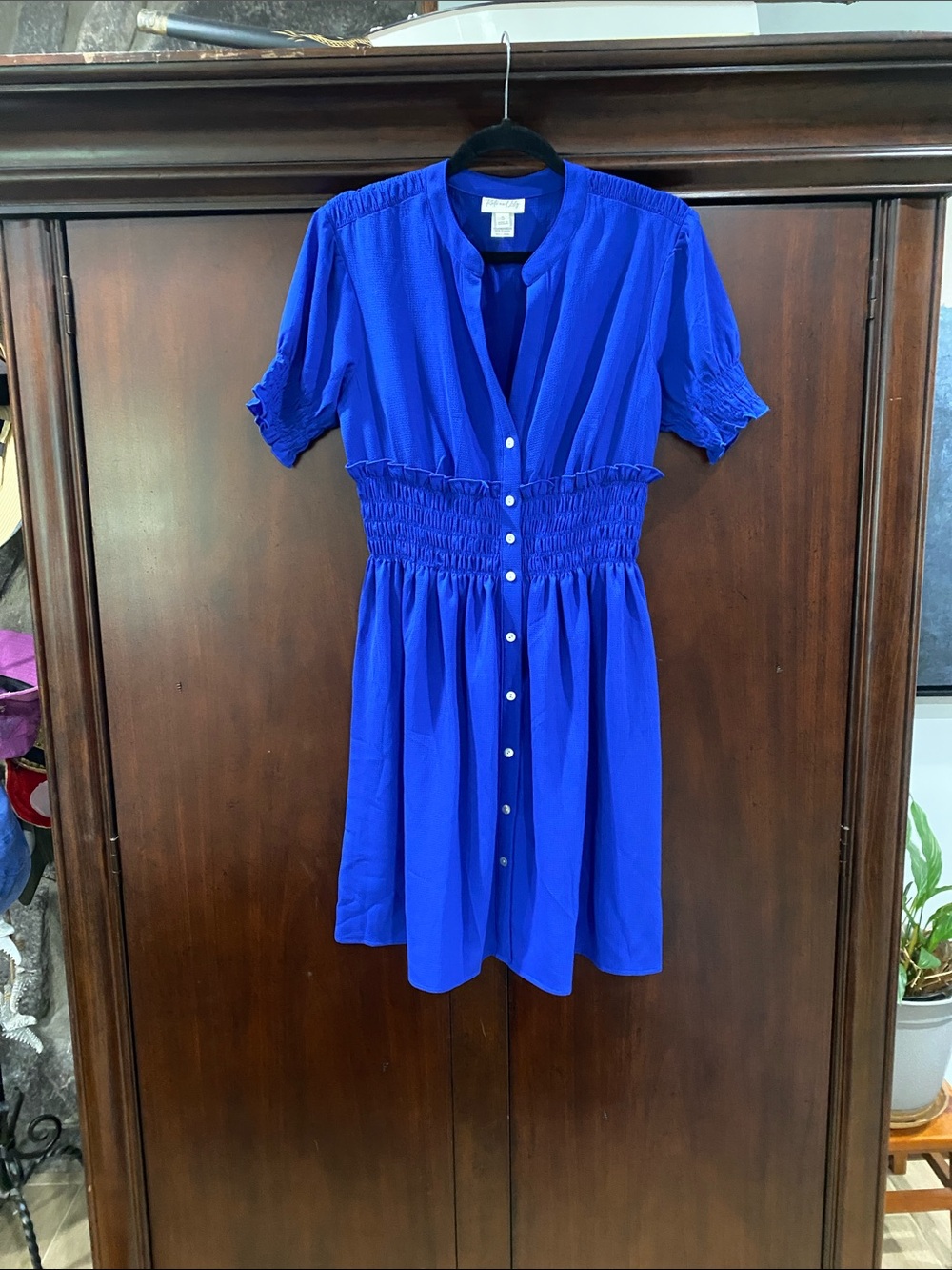 Smocked Waist Cobalt Blue Short-Sleeve Button Dress